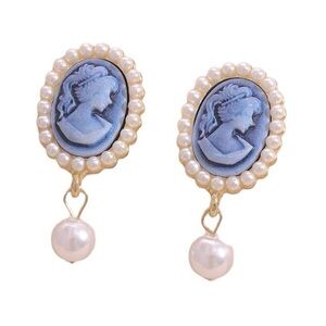 Coquette Elegant Bridgerton Blue & Gold Cameo Faux Pearl Earrings
